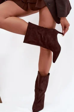 Damskie Boto Wsuwane Botki Damskie Na Szpilce Czekoladowe Solvienne