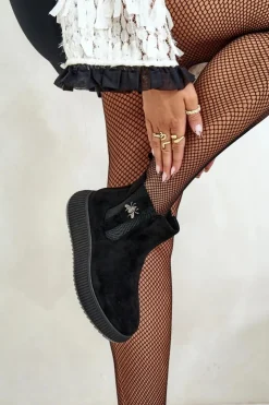 Boto Czarne Botki|Botki Płaskie*Wsuwane Botki Damskie Na Platformie Z Przypinką Eko Zamszowe Czarne Ciatheia