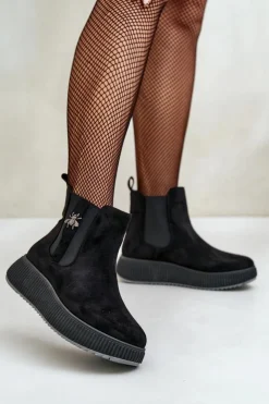 Boto Czarne Botki|Botki Płaskie*Wsuwane Botki Damskie Na Platformie Z Przypinką Eko Zamszowe Czarne Ciatheia