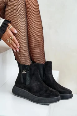 Boto Czarne Botki|Botki Płaskie*Wsuwane Botki Damskie Na Platformie Z Przypinką Eko Zamszowe Czarne Ciatheia