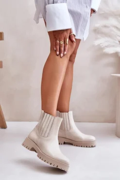 Boto Wsuwane Botki Damskie Na Płaskim Obcasie Skórzane Lewski 3611 Jasnobeżowe Beżowy