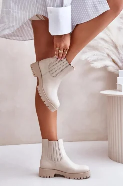 Boto Wsuwane Botki Damskie Na Płaskim Obcasie Skórzane Lewski 3611 Jasnobeżowe Beżowy