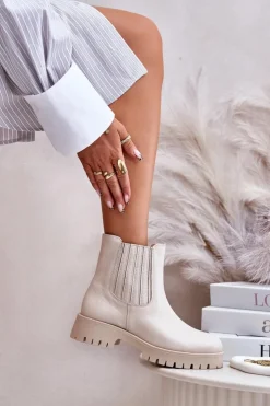 Boto Wsuwane Botki Damskie Na Płaskim Obcasie Skórzane Lewski 3611 Jasnobeżowe Beżowy