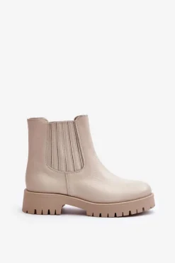 Boto Wsuwane Botki Damskie Na Płaskim Obcasie Skórzane Lewski 3611 Jasnobeżowe Beżowy