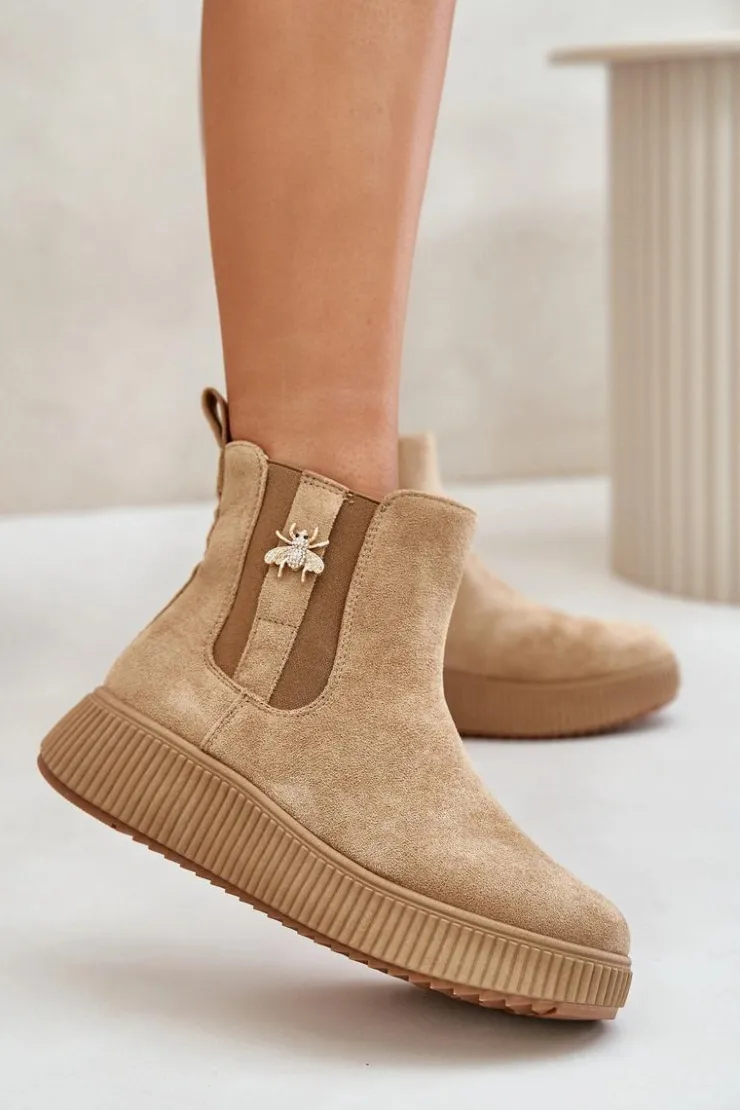 Damskie Boto Wsuwane Botki Damskie Na Platformie Z Przypinką Eko Zamszowe Brązowe Ciatheia