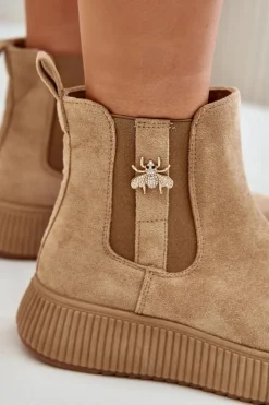 Damskie Boto Wsuwane Botki Damskie Na Platformie Z Przypinką Eko Zamszowe Brązowe Ciatheia