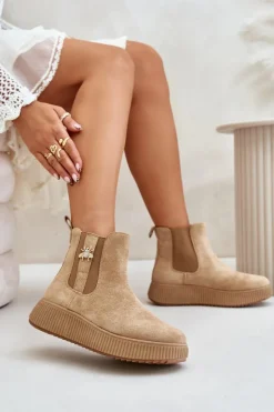 Damskie Boto Wsuwane Botki Damskie Na Platformie Z Przypinką Eko Zamszowe Brązowe Ciatheia