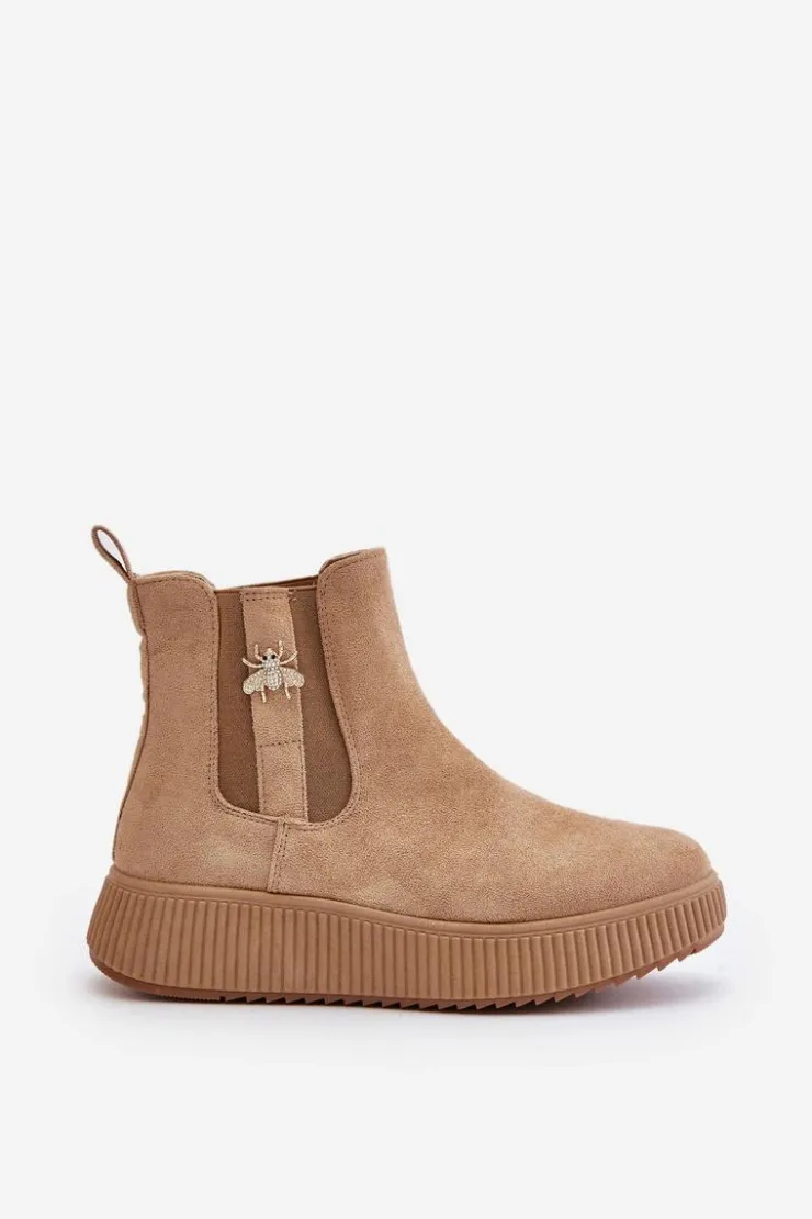 Damskie Boto Wsuwane Botki Damskie Na Platformie Z Przypinką Eko Zamszowe Brązowe Ciatheia