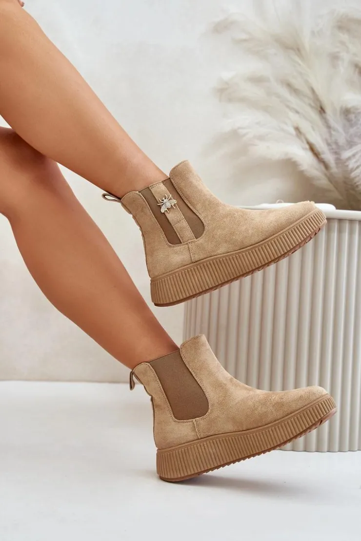 Damskie Boto Wsuwane Botki Damskie Na Platformie Z Przypinką Eko Zamszowe Brązowe Ciatheia