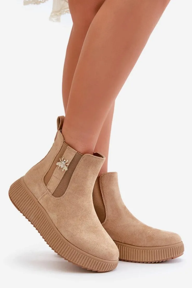 Damskie Boto Wsuwane Botki Damskie Na Platformie Z Przypinką Eko Zamszowe Brązowe Ciatheia