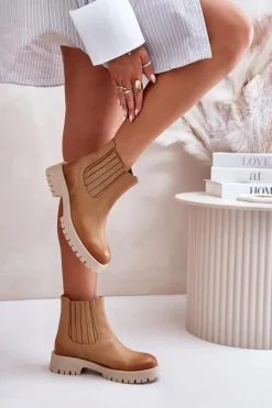 Damskie Boto Wsuwane Botki Damskie Na Płaskim Obcasie Skórzane Lewski 3611 Brązowe