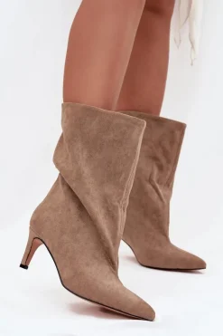 Boto Botki Ocieplane|Botki Na Obcasie*Wsuwane Botki Damskie Na Szpilce Beżowe Solvienne Beżowy