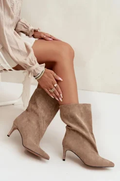 Boto Botki Ocieplane|Botki Na Obcasie*Wsuwane Botki Damskie Na Szpilce Beżowe Solvienne Beżowy