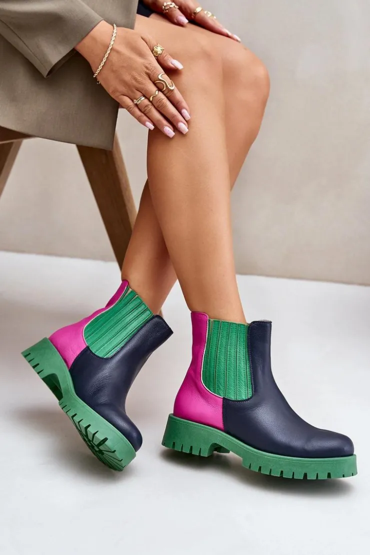 Sale Boto Wsuwane Botki Damskie Na Płaskim Obcasie Skórzane Lewski 3611 Multikolor