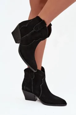 Damskie Boto Wsuwane Botki Kowbojki Damskie Z Naturalnego Zamszu Czarne Beretta