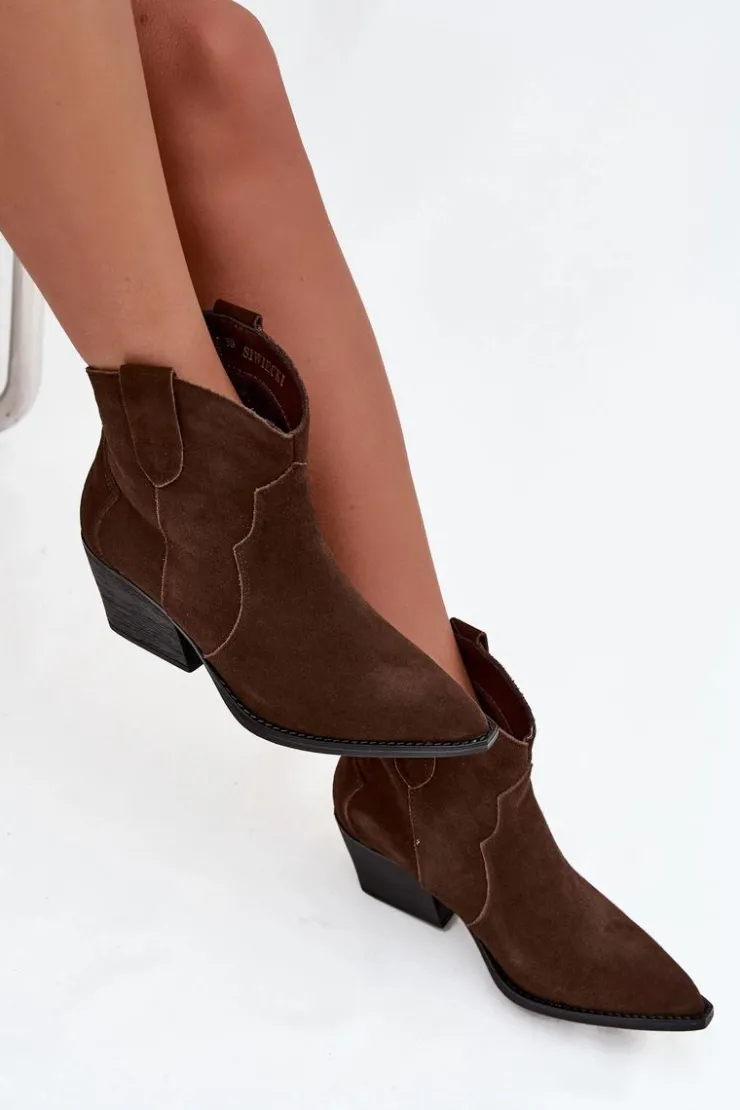 Sale Boto Wsuwane Botki Kowbojki Damskie Z Naturalnego Zamszu Czekoladowe Beretta Brązowy