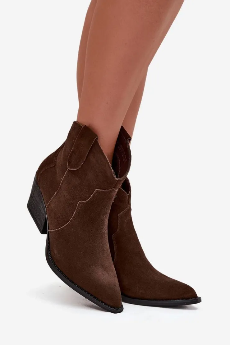 Sale Boto Wsuwane Botki Kowbojki Damskie Z Naturalnego Zamszu Czekoladowe Beretta Brązowy