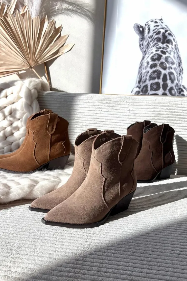 Sale Boto Wsuwane Botki Kowbojki Damskie Z Naturalnego Zamszu Czekoladowe Beretta Brązowy