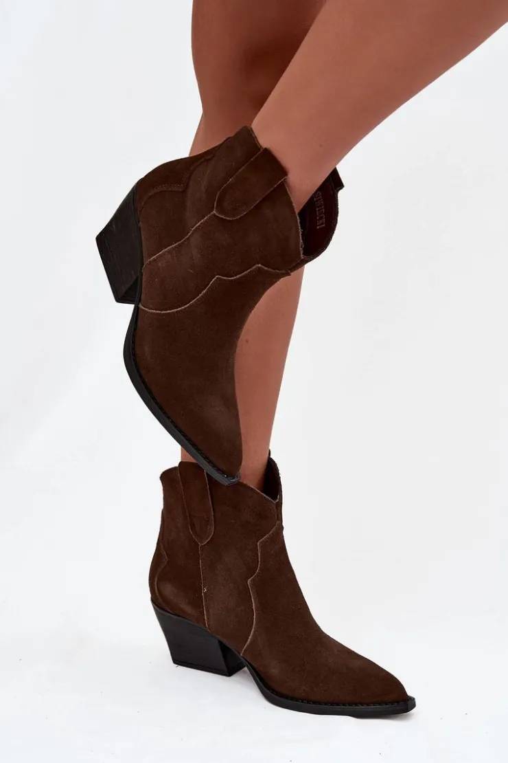 Sale Boto Wsuwane Botki Kowbojki Damskie Z Naturalnego Zamszu Czekoladowe Beretta Brązowy