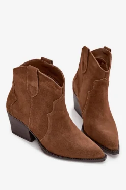 Boto Botki Ocieplane|Botki Na Słupku*Wsuwane Botki Kowbojki Damskie Z Naturalnego Zamszu Camel Beretta Brązowy