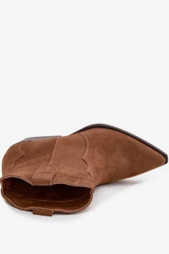 Boto Botki Ocieplane|Botki Na Słupku*Wsuwane Botki Kowbojki Damskie Z Naturalnego Zamszu Camel Beretta Brązowy