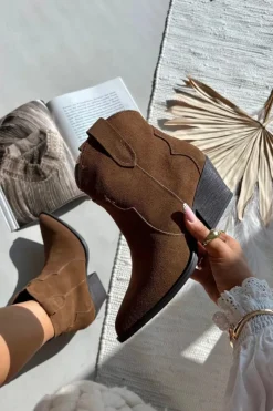 Boto Botki Ocieplane|Botki Na Słupku*Wsuwane Botki Kowbojki Damskie Z Naturalnego Zamszu Camel Beretta Brązowy