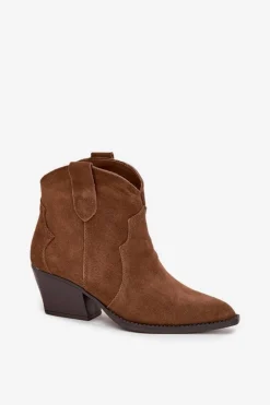 Boto Botki Ocieplane|Botki Na Słupku*Wsuwane Botki Kowbojki Damskie Z Naturalnego Zamszu Camel Beretta Brązowy