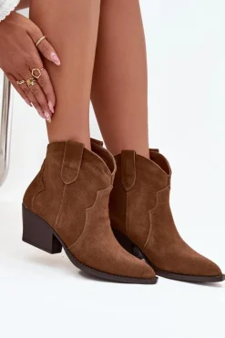 Boto Botki Ocieplane|Botki Na Słupku*Wsuwane Botki Kowbojki Damskie Z Naturalnego Zamszu Camel Beretta Brązowy