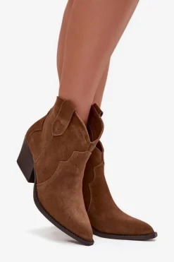 Boto Botki Ocieplane|Botki Na Słupku*Wsuwane Botki Kowbojki Damskie Z Naturalnego Zamszu Camel Beretta Brązowy