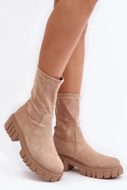 Damskie Boto Wsuwane Botki Workery Na Płaskim Obcasie Beżowe Divella