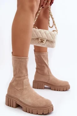 Damskie Boto Wsuwane Botki Workery Na Płaskim Obcasie Beżowe Divella