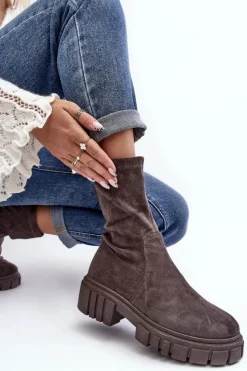 Damskie Boto Wsuwane Botki Workery Na Płaskim Obcasie Szare Divella