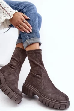 Damskie Boto Wsuwane Botki Workery Na Płaskim Obcasie Szare Divella