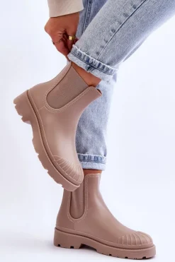 Damskie Boto Wsuwane Gumowe Botki Kalosze Sztyblety Beżowe Carme