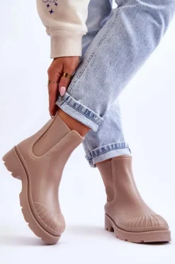 Damskie Boto Wsuwane Gumowe Botki Kalosze Sztyblety Beżowe Carme