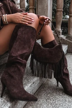 Boto Kozaki Ocieplane|Kozaki Na Szpilce*Wsuwane Kozaki Damskie Na Szpilce Z Eko Zamszu Czekoladowe Noretta Brązowy