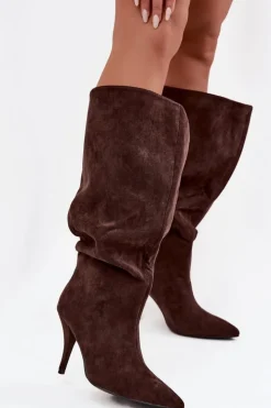 Boto Kozaki Ocieplane|Kozaki Na Szpilce*Wsuwane Kozaki Damskie Na Szpilce Z Eko Zamszu Czekoladowe Noretta Brązowy