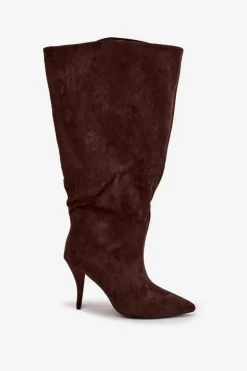 Boto Kozaki Ocieplane|Kozaki Na Szpilce*Wsuwane Kozaki Damskie Na Szpilce Z Eko Zamszu Czekoladowe Noretta Brązowy