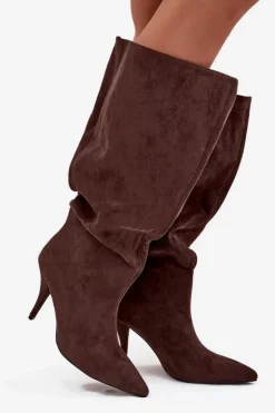 Boto Kozaki Ocieplane|Kozaki Na Szpilce*Wsuwane Kozaki Damskie Na Szpilce Z Eko Zamszu Czekoladowe Noretta Brązowy