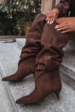 Clearance Boto Wsuwane Kozaki Damskie Na Szpilce Czekoladowe Ysolienne Brązowy