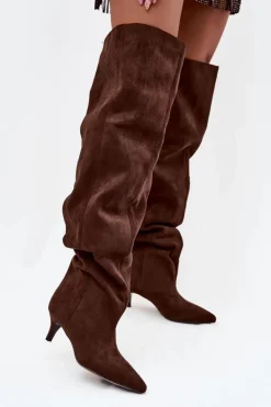 Clearance Boto Wsuwane Kozaki Damskie Na Szpilce Czekoladowe Ysolienne Brązowy