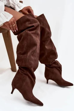 Clearance Boto Wsuwane Kozaki Damskie Na Szpilce Czekoladowe Ysolienne Brązowy