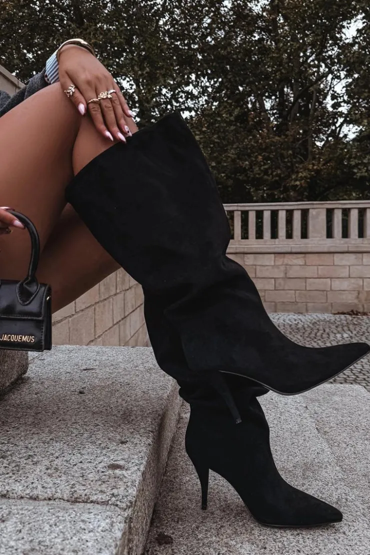 Damskie Boto Wsuwane Kozaki Damskie Na Szpilce Z Eko Zamszu Czarne Noretta