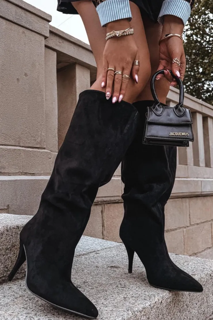 Damskie Boto Wsuwane Kozaki Damskie Na Szpilce Z Eko Zamszu Czarne Noretta