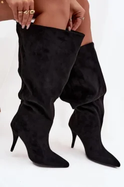 Damskie Boto Wsuwane Kozaki Damskie Na Szpilce Z Eko Zamszu Czarne Noretta