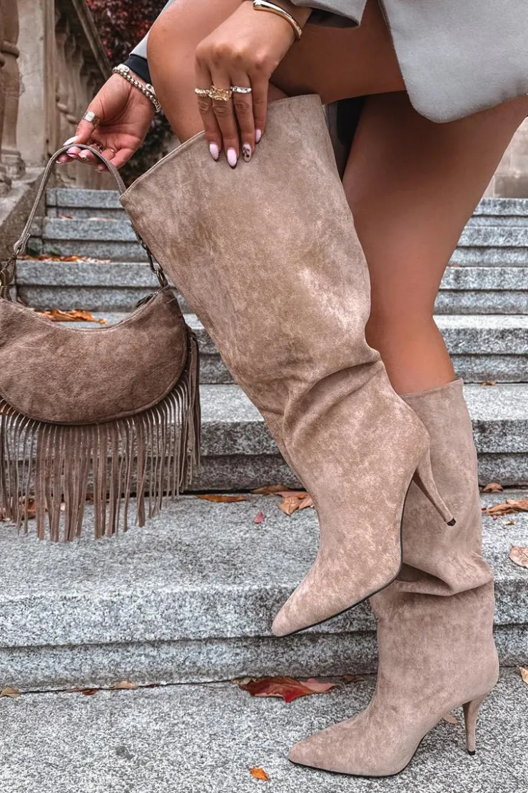 New Boto Wsuwane Kozaki Damskie Na Szpilce Z Eko Zamszu Beżowe Noretta Beżowy