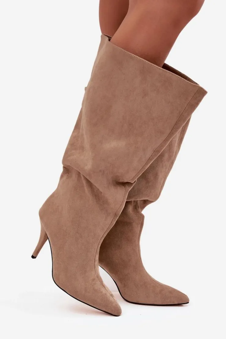 New Boto Wsuwane Kozaki Damskie Na Szpilce Z Eko Zamszu Beżowe Noretta Beżowy