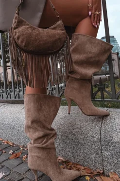 New Boto Wsuwane Kozaki Damskie Na Szpilce Z Eko Zamszu Beżowe Noretta Beżowy