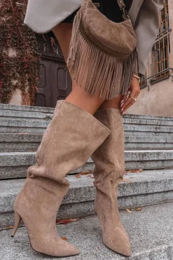 New Boto Wsuwane Kozaki Damskie Na Szpilce Z Eko Zamszu Beżowe Noretta Beżowy