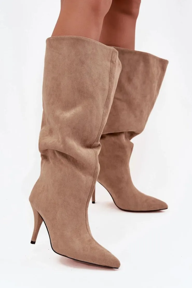 New Boto Wsuwane Kozaki Damskie Na Szpilce Z Eko Zamszu Beżowe Noretta Beżowy